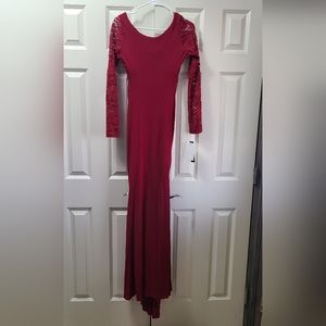 Red Open Back Lace Sleeve Trumpet Dress